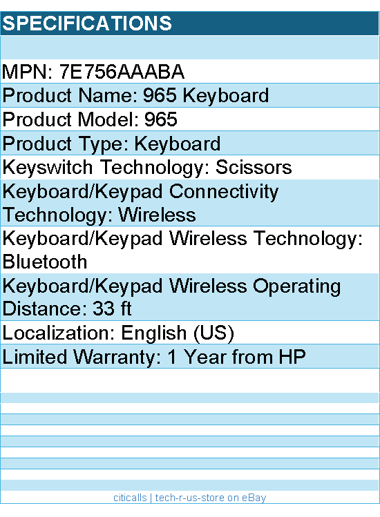 HP 7E756AAABA 965 Keyboard - Wireless Connectivity - Bluetooth - Black