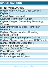 HP 7N7B9AAABA 475 Dual-Mode Wireless Keyboard - Bluetooth - Jet Black