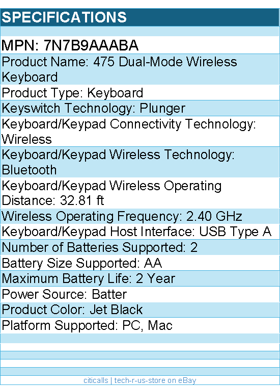 HP 7N7B9AAABA 475 Dual-Mode Wireless Keyboard - Bluetooth - Jet Black