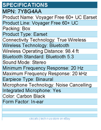 HP Poly 7Y8G4AA Voyager Free 60+ UC Earset - Stereo - True Wireless - Bluetooth