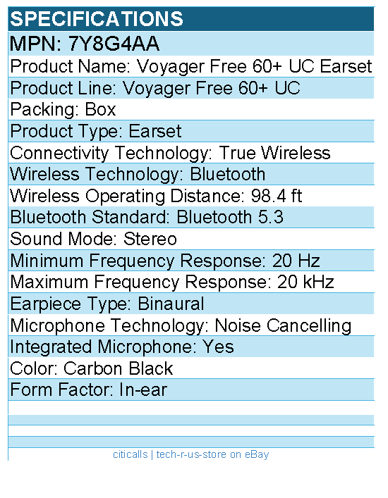 HP Poly 7Y8G4AA Voyager Free 60+ UC Earset - Stereo - True Wireless - Bluetooth