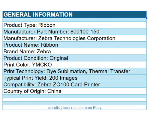 Zebra 800100-150 Dye Sub Thermal Transfer Ribbon Cartridge 200 Images Pack