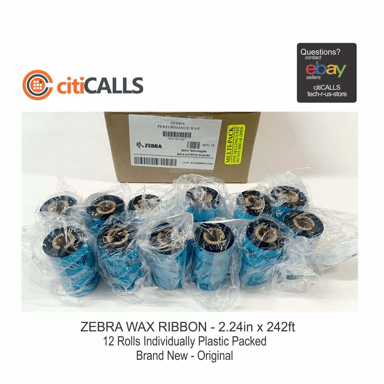 Zebra 800132-002 Wax Ribbon 2.24in x 242ft 5319 0.5in core Thermal Transfer 12RL