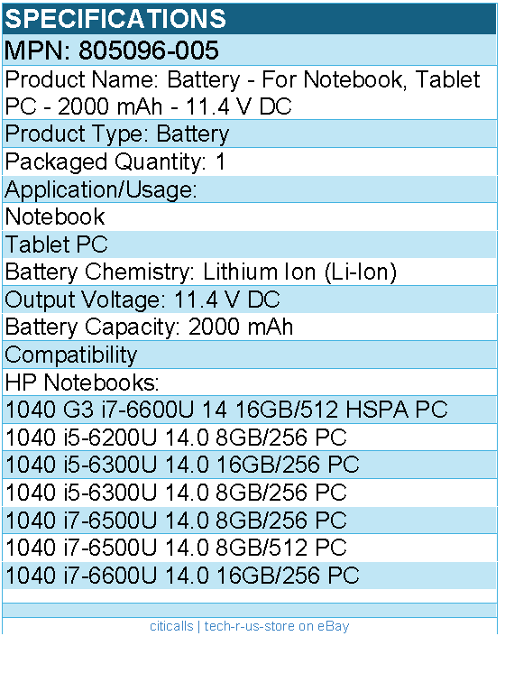 HPI 805096-005 Battery - For Notebook, Tablet PC - 2000 mAh - 11.4 V DC