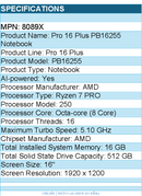 Dell 8089X Pro 16 Plus PB16255 16" Notebook - Full HD Plus - 60 Hz