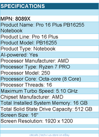 Dell 8089X Pro 16 Plus PB16255 16" Notebook - Full HD Plus - 60 Hz