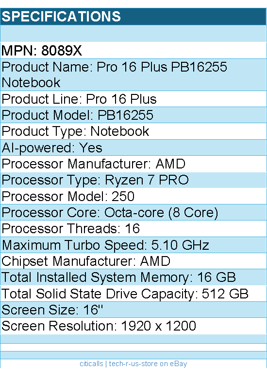 Dell 8089X Pro 16 Plus PB16255 16" Notebook - Full HD Plus - 60 Hz