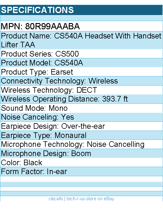 HP Poly 80R99AAABA CS540A Headset with handset lifter TAA-US
