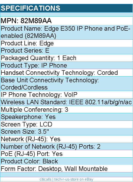 HP Poly 82M89AA Edge E350 IP Phone - Corded/Cordless - Wi-Fi, Bluetooth