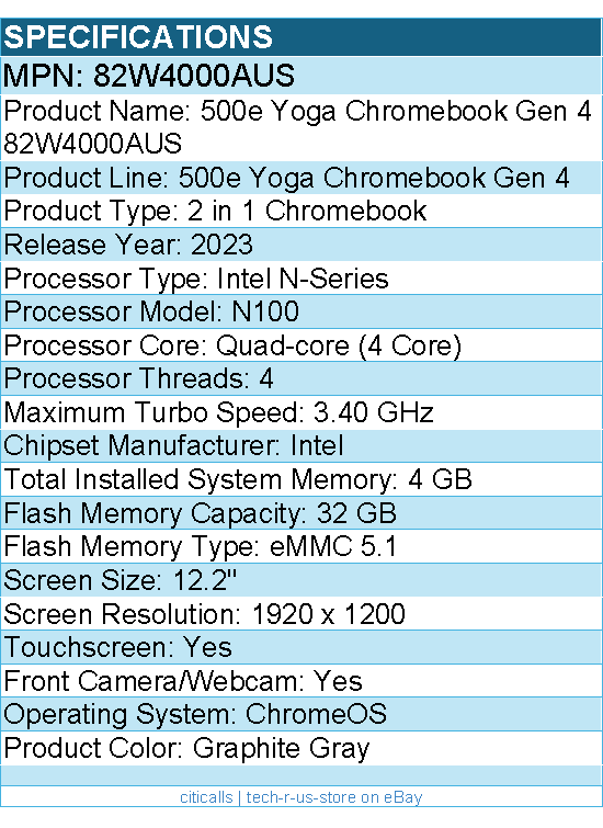 Lenovo 82W4000AUS 500e Yoga Gen 4 - 12.2" Touchscreen - 2 in 1 Chromebook