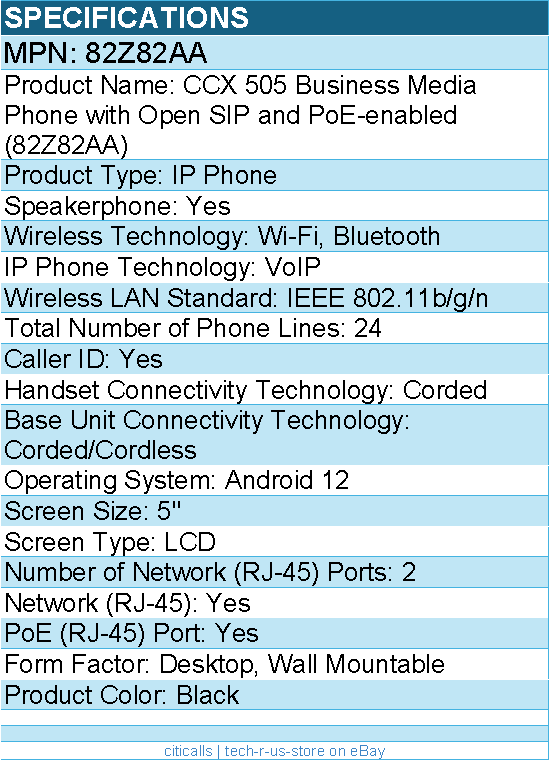 HP Poly 82Z82AA CCX 505 Business Media Phone with Open SIP and PoE-enabled