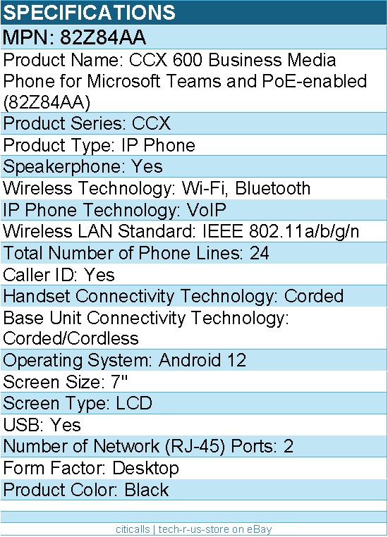 HP Poly 82Z84AA CCX 600 Business Media Phone for Microsoft Teams and PoE-enabled