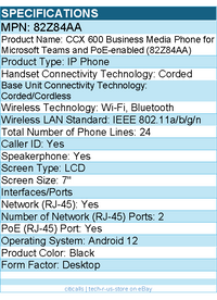 HP Poly 82Z84AA CCX 600 IP Phone - Corded/Cordless - Wi-Fi, Bluetooth