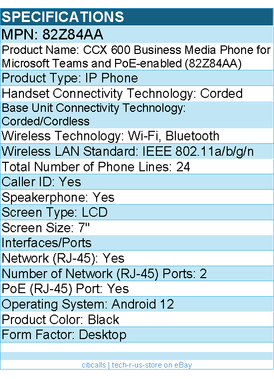HP Poly 82Z84AA CCX 600 IP Phone - Corded/Cordless - Wi-Fi, Bluetooth