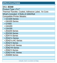 Zebra 83340 4/Pk 4"x1" Thermal Transfer 4000T Adh Label Label Coated 2260/Roll