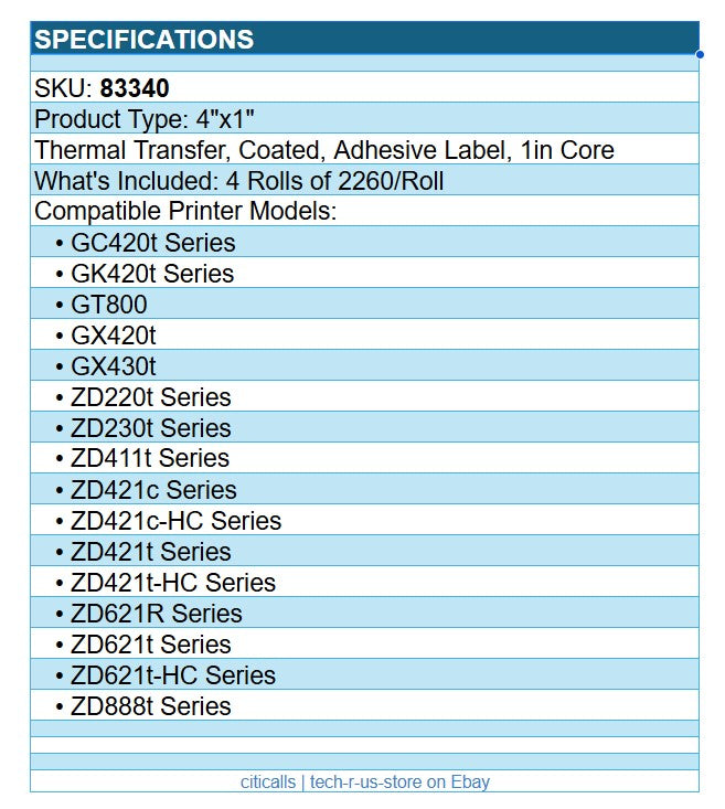 Zebra 83340 4/Pk 4"x1" Thermal Transfer 4000T Adh Label Label Coated 2260/Roll