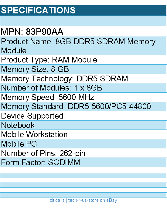 HP 83P90AA 8GB DDR5 SDRAM Memory Module For Notebook, Mobile Workstation