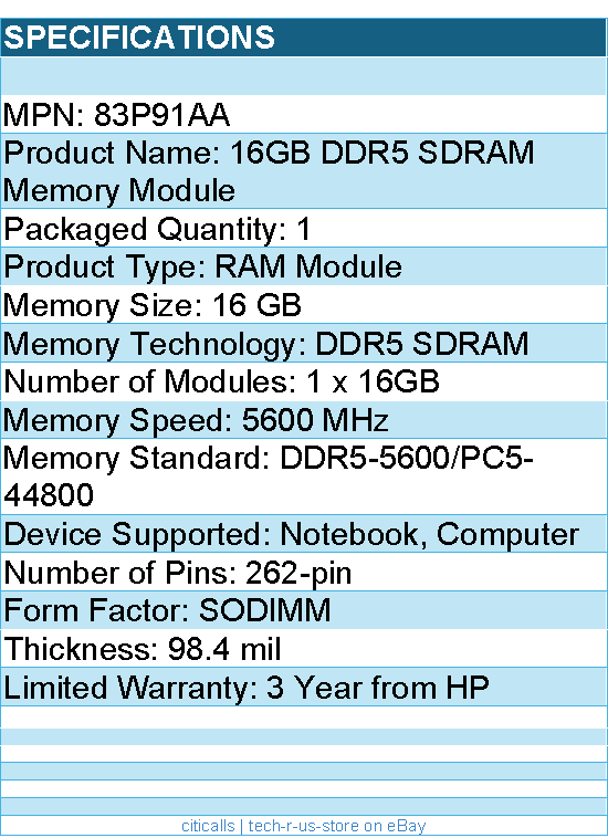 HP 83P91AA 16GB DDR5 SDRAM Memory Module - 262-pin -SODIM -For Notebook,Computer
