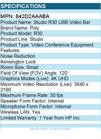 HP Poly 842D2AAABA Studio R30 USB Video Bar - Video Conference Equipment