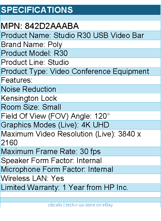 HP Poly 842D2AAABA Studio R30 USB Video Bar - Video Conference Equipment
