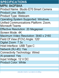HP Poly 842F8AA Studio E70 Smart Camera - Webcam - 20 Megapixel - USB Type C