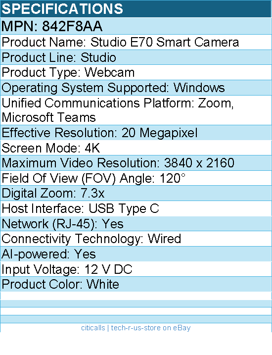 HP Poly 842F8AA Studio E70 Smart Camera - Webcam - 20 Megapixel - USB Type C