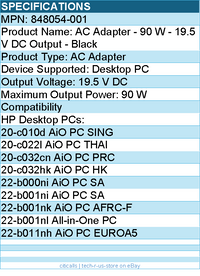 HPI 848054-001 AC Adapter - 90 W - 19.5 V DC Output - Black