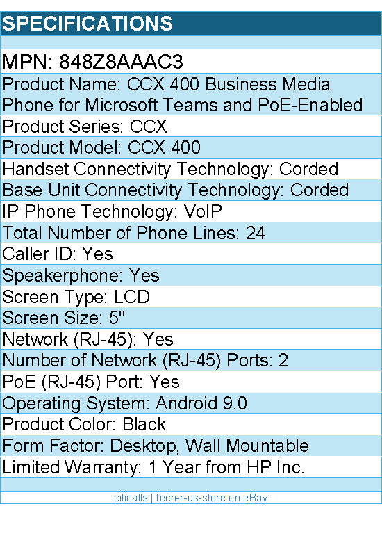 HP Poly 848Z8AA#AC3 CCX 400 IP Phone - Corded - Desktop, Wall Mountable