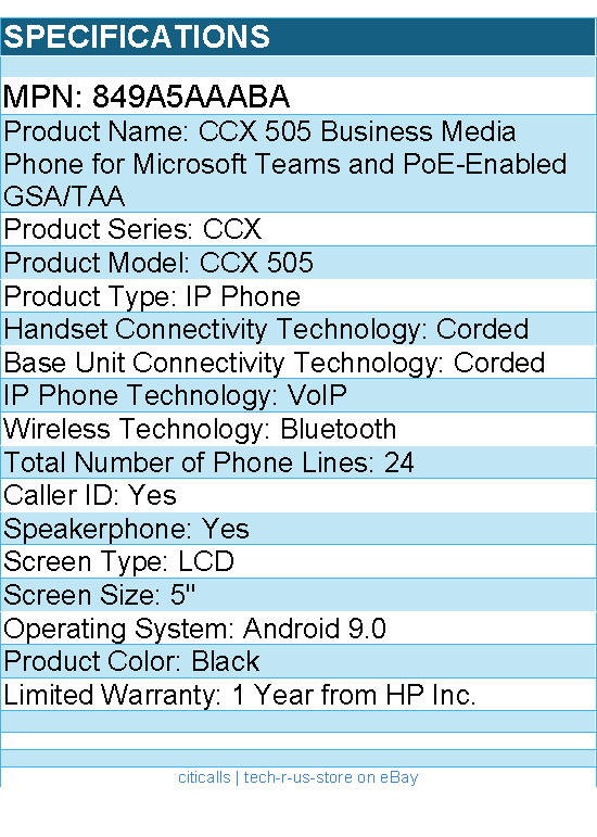 HP Poly 849A5AA#ABA CCX 505 Business Media Phone for Microsoft Teams