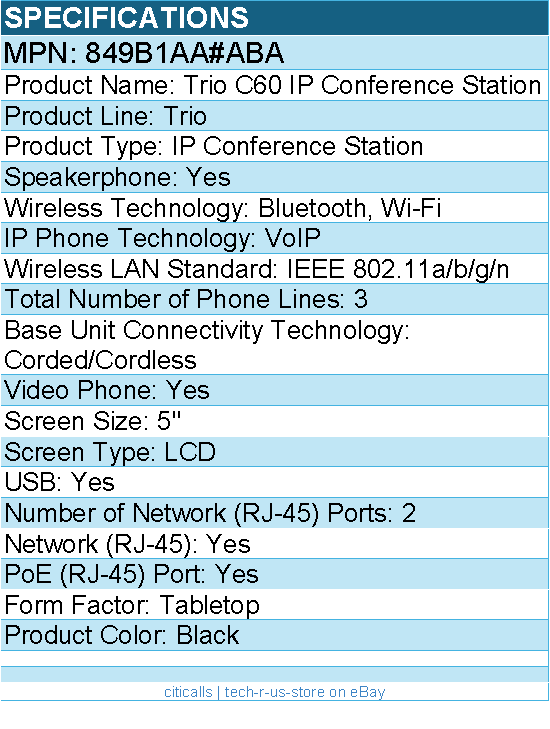 HP Poly 849B1AA#ABA Trio C60 IP Conference Phone for Microsoft Teams Full Radio