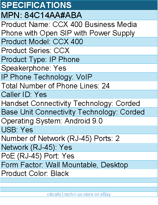 HP Poly 84C14AA#ABA CCX 400 Business Media Phone w/ Open SIP with Power Supply