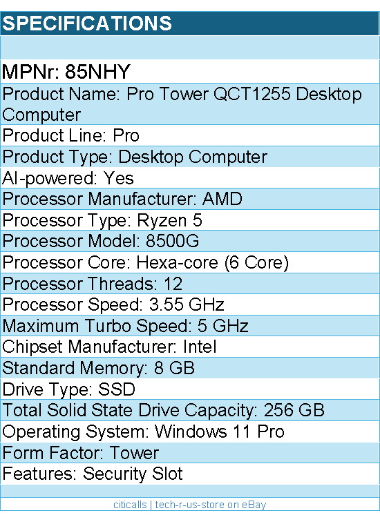 Dell 85NHY Pro Tower QCT1255 Desktop Computer - AMD Ryzen 5 8500G - Tower