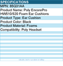 HP Poly 85Q31AA EncorePro HW510/520 Foam Ear Cushions - Black