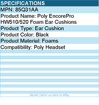 HP Poly 85Q31AA EncorePro HW510/520 Foam Ear Cushions - Black