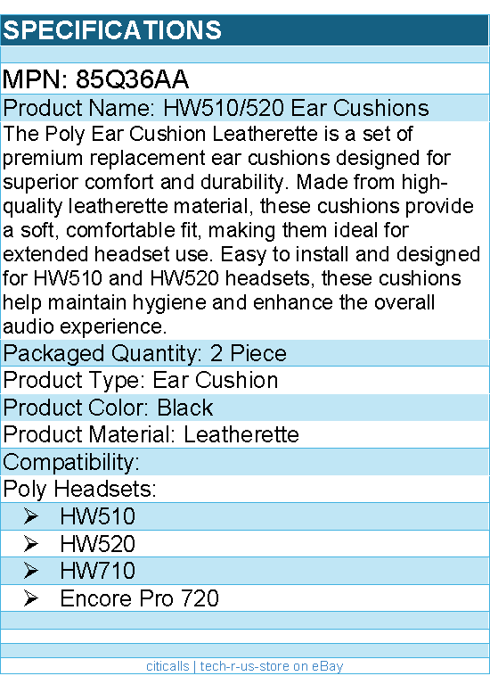 HP Poly 85Q36AA EncorePro HW510/520 Leatherette Ear Cushions (2 Pieces)