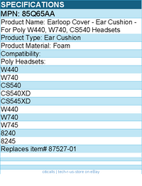 HP Poly 85Q65AA Earloop Cover - Ear Cushion -For Poly W440, W740, CS540 Headsets