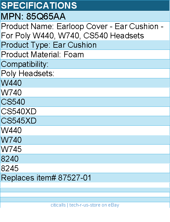 HP Poly 85Q65AA Earloop Cover - Ear Cushion -For Poly W440, W740, CS540 Headsets