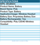 HP Poly 85Q98AA Battery - for Poly CS540 Wireless Headset