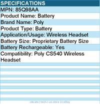 HP Poly 85Q98AA Battery - for Poly CS540 Wireless Headset