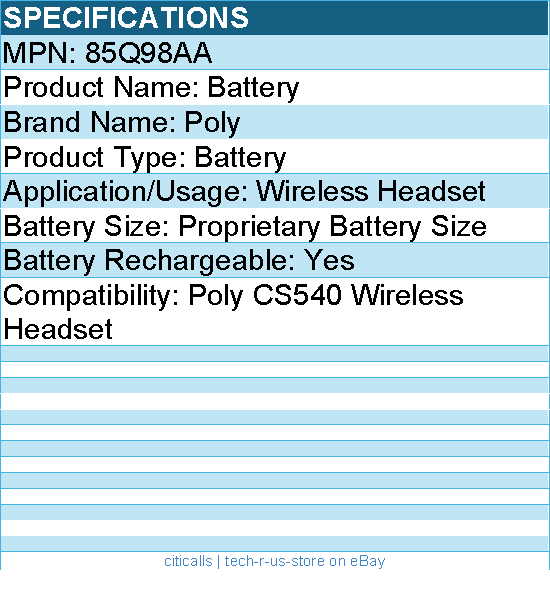 HP Poly 85Q98AA Battery - for Poly CS540 Wireless Headset