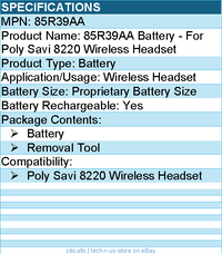 HP Poly 85R39AA 8220 Battery - For Poly Savi 8220 Wireless Headset