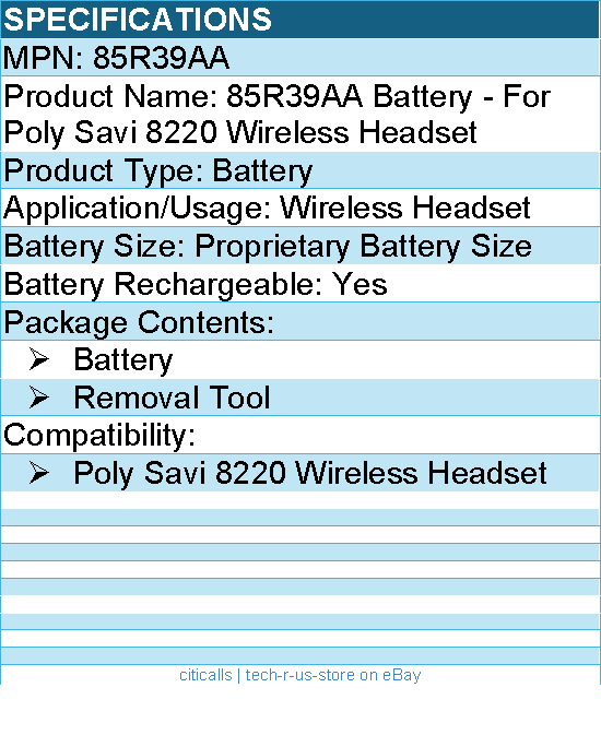 HP Poly 85R39AA 8220 Battery - For Poly Savi 8220 Wireless Headset