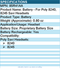 HP Poly 85R41AA Battery - Rechargeable - For Poly 8240, 8245 Savi Headsets