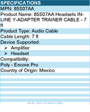 HP Poly 85S07AA Headsets IN-LINE Y-ADAPTER TRAINER CABLE - 7 ft