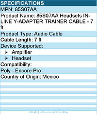 HP Poly 85S07AA Headsets IN-LINE Y-ADAPTER TRAINER CABLE - 7 ft
