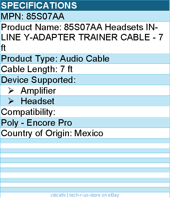 HP Poly 85S07AA Headsets IN-LINE Y-ADAPTER TRAINER CABLE - 7 ft