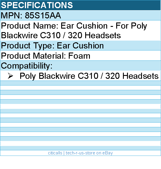 Hp Poly 85S15AA Ear Cushion - For Poly Blackwire C310 / 320 Headsets