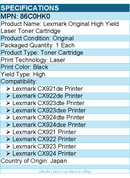 Lexmark 86C0HK0 Original High Yield Laser Toner Cartridge - Black - 1 Each
