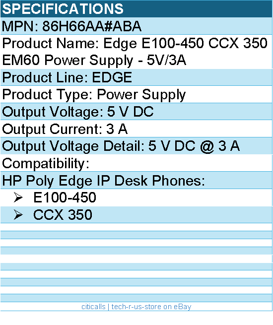 HP Poly 86H66AA#ABA Edge E100-450 CCX 350 EM60 Power Supply - 5V/3A