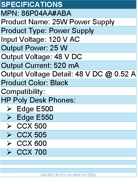HP Poly 86P04AA#ABA CCX 500/505/600/700 Edge E500 Power Supply with Power Cord